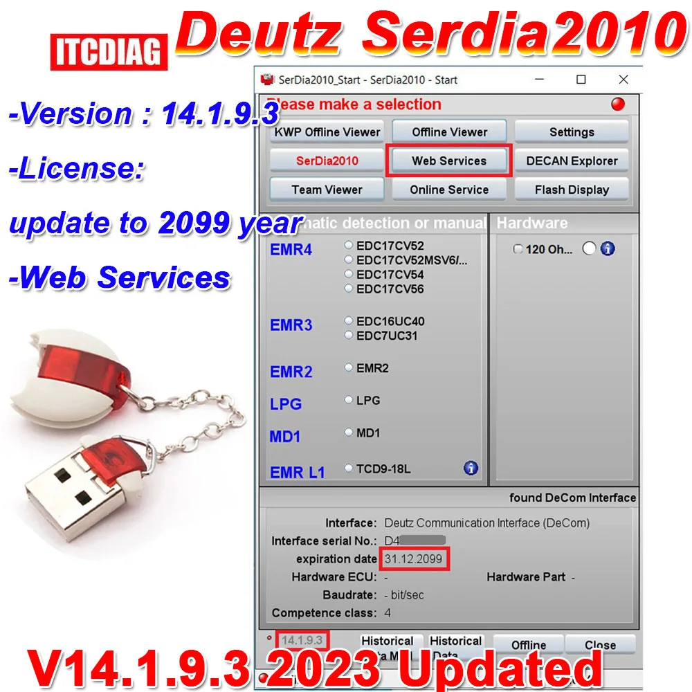 Serdia2010 v14.1.9.3 (2023) Deutz SerDia 2010 6 Level [2023] Class 4 License Update to 2099 For Deutz ECU Read Write EMR4 EMR3