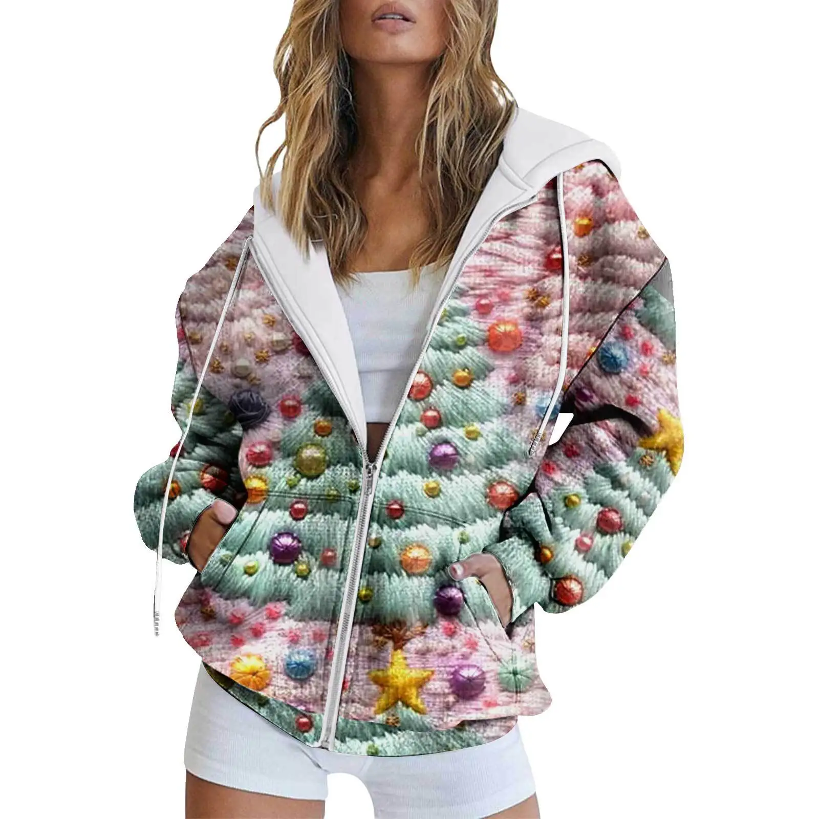 Light Colored Zipper Christmas Element Pattern In Stock 3d Digital Printing Cross-Border Long Sleeved Hooded SweatshirtWC4