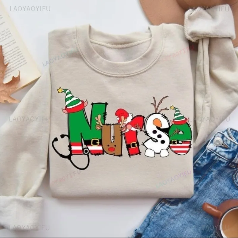 المألوف هوديي Camisas De Navidad Para Mujer ممرضة هدية الكريسماس الجولة الرقبة البلوز مضحك نمط جديد بلايز السنة الجديدة البلوز