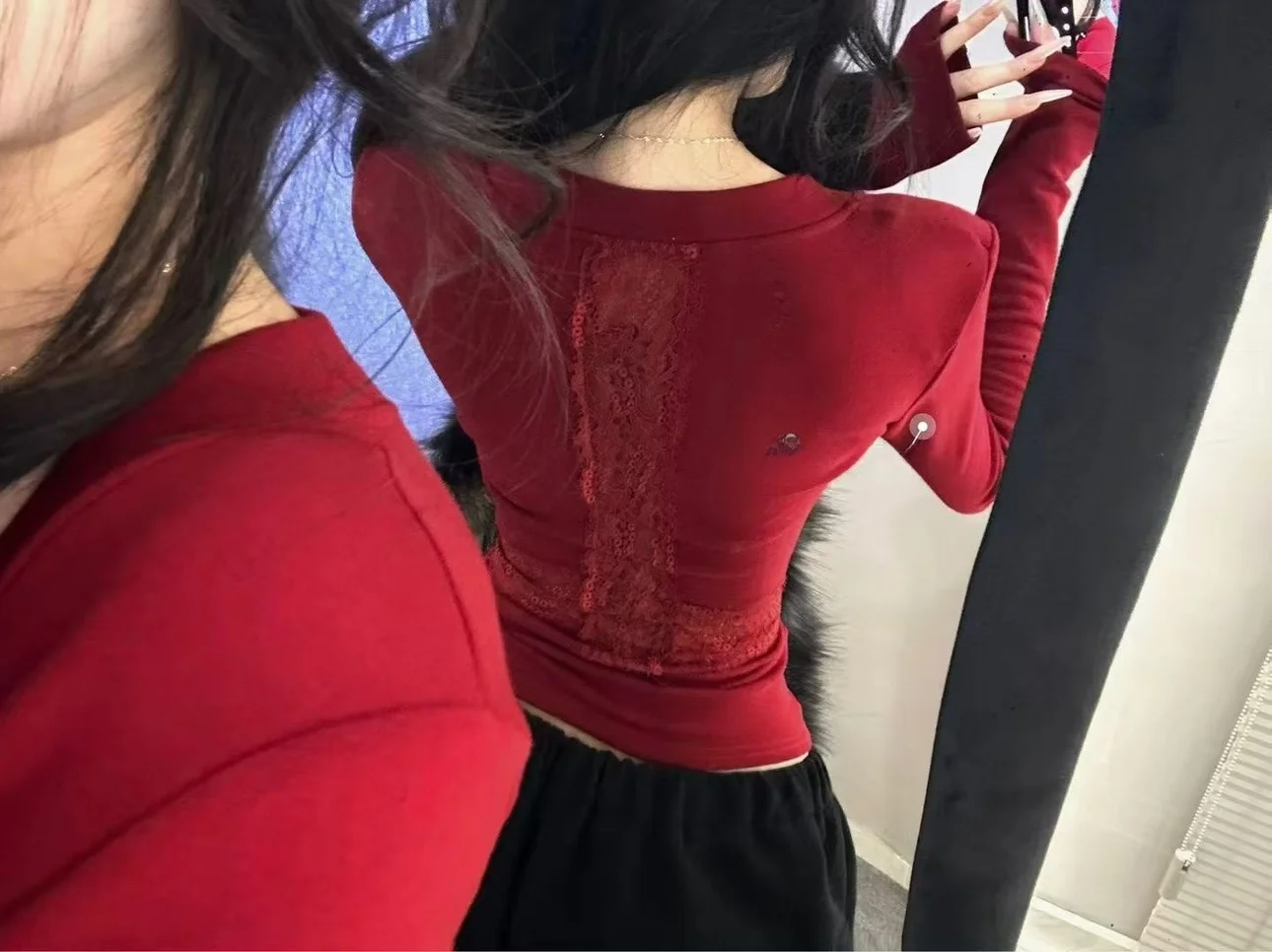 

Red Year WinterNew KoreanSle SlimFit LacePatchworkLongSveortFurTrimmedWomenTopSoftComfortableCottonTirt