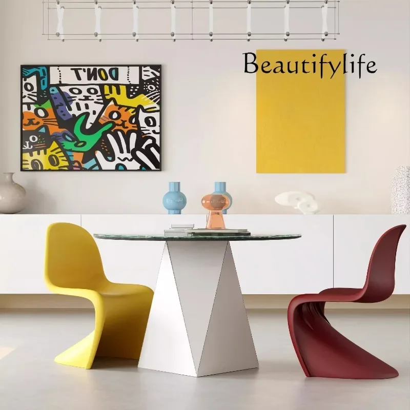 

N40 Modern minimalist creative art restaurant household green glass round dining table round table geometric base