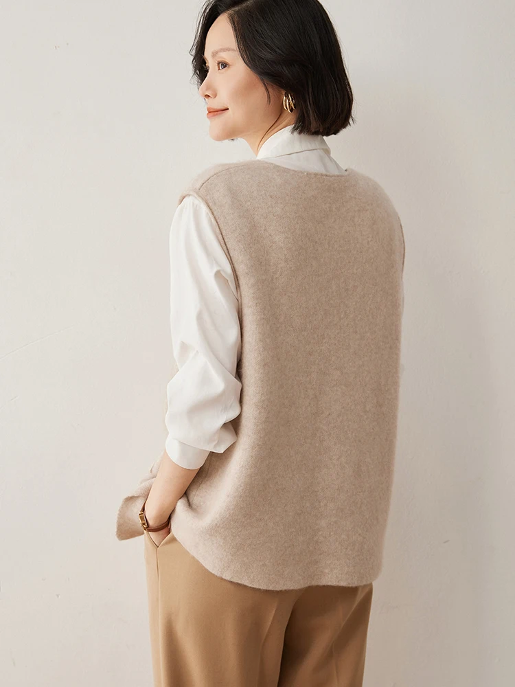 Autumn Winter Women Vest 100% Cashmere Sweater Cardigan Ladies V-Neck Sleeveless Knitted Cardigans Female Casual Tank Tops