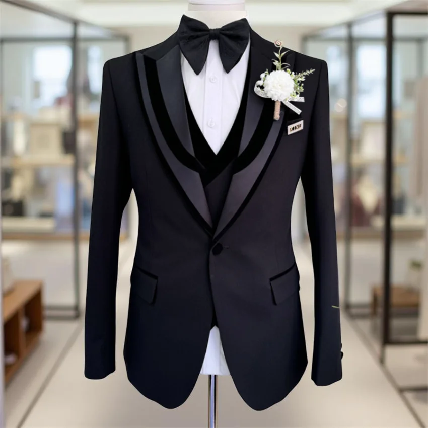 

Shawl Lapel Formal Wedding Tuxedo for Groom Single Button Front Fashion Men Suits Slim Fit Set Jacket Vest with Pants In Stock