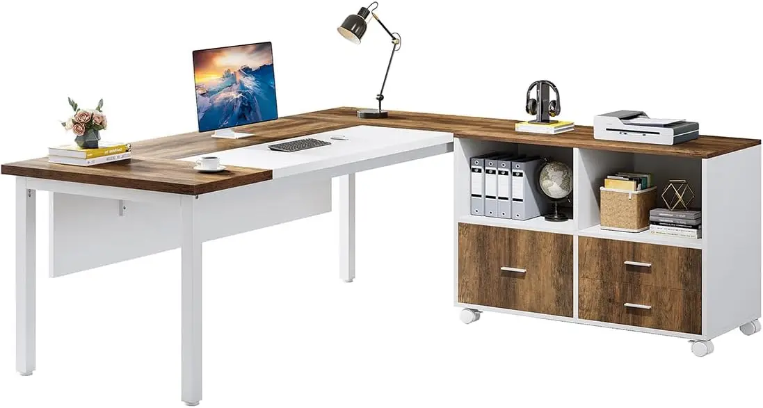 

LITTLE TREE 63-inch L-Shaped Executive Computer Desk and File Cabinet, Office Desk with Drawers Filing Cabinet,Credenza Desk