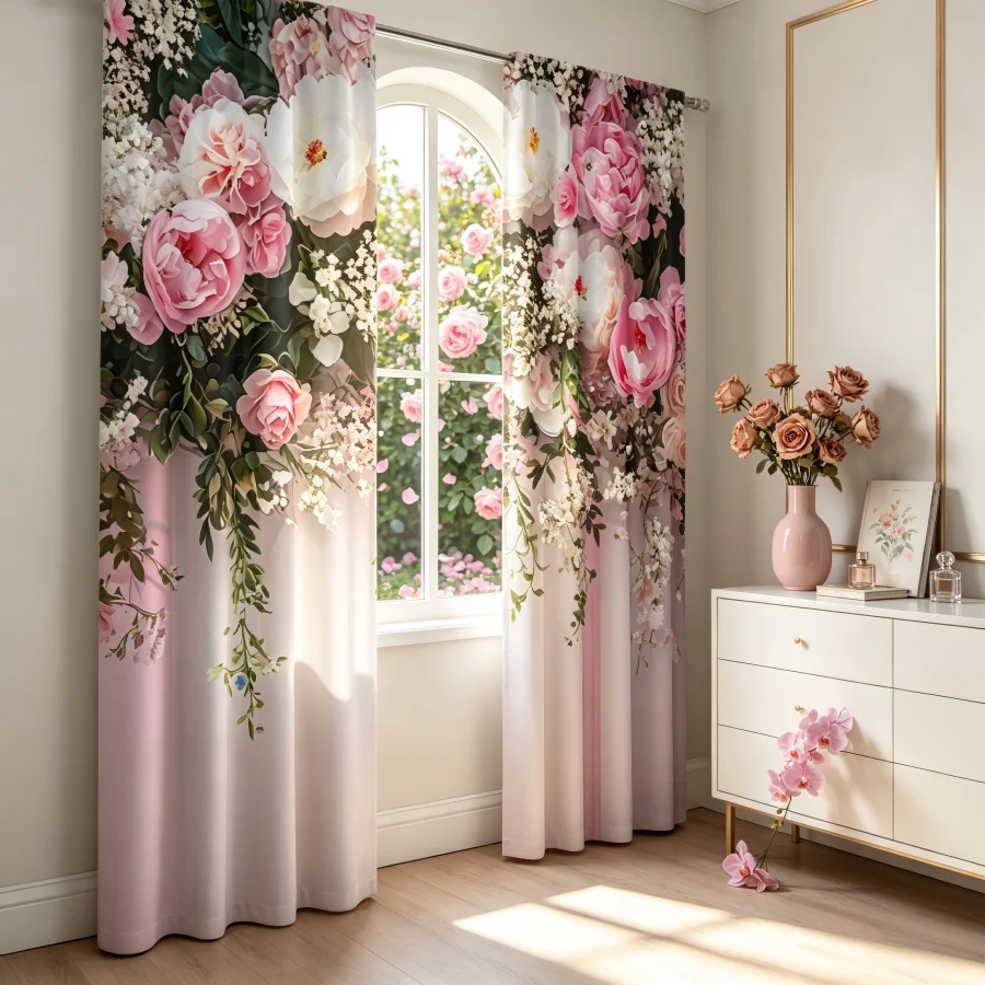 2PCS Digital Print  Curtain, Pink Flowers, Modern Farmhouse Rustic Window Treatment for Bedroom Living Room Decoration