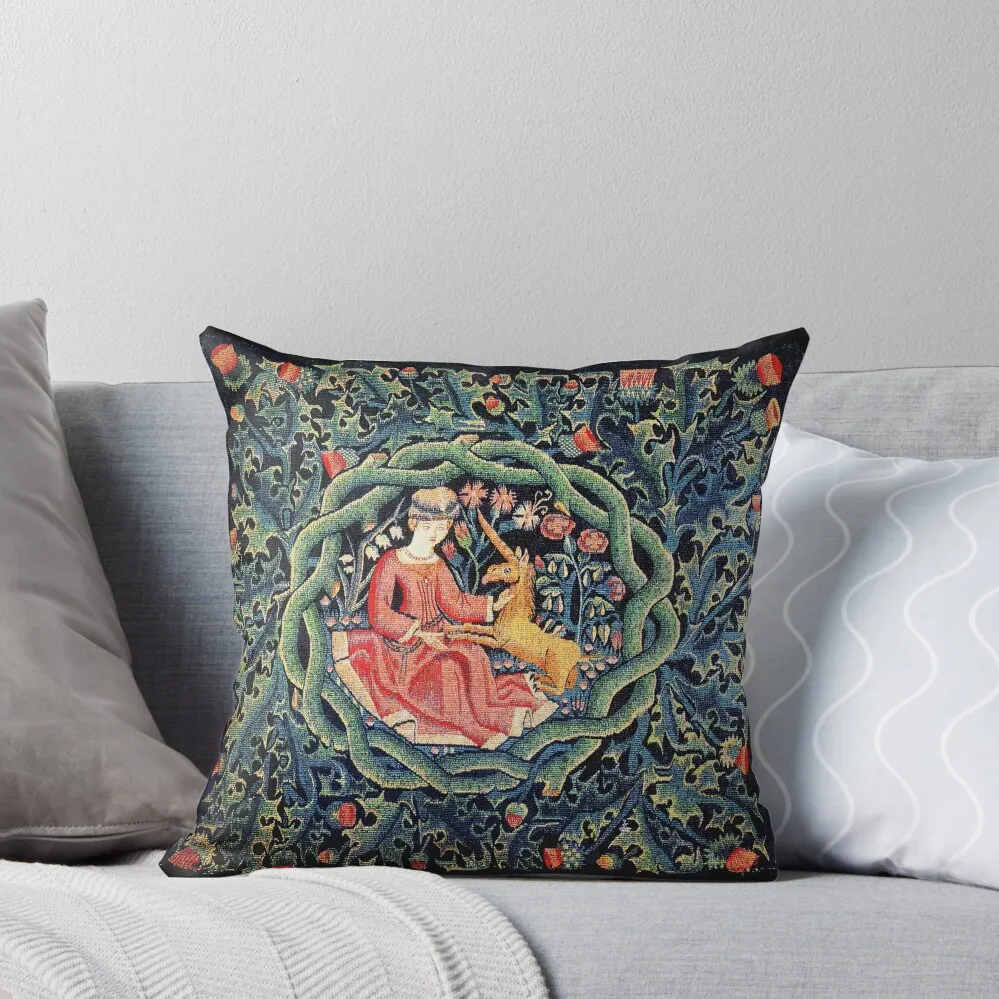 LADY AND UNICORN CROWN WITH RED THISTLES ,WILD FLOWERS Antique Green Blue Floral Throw Pillow christmas decorations 2024 pillow