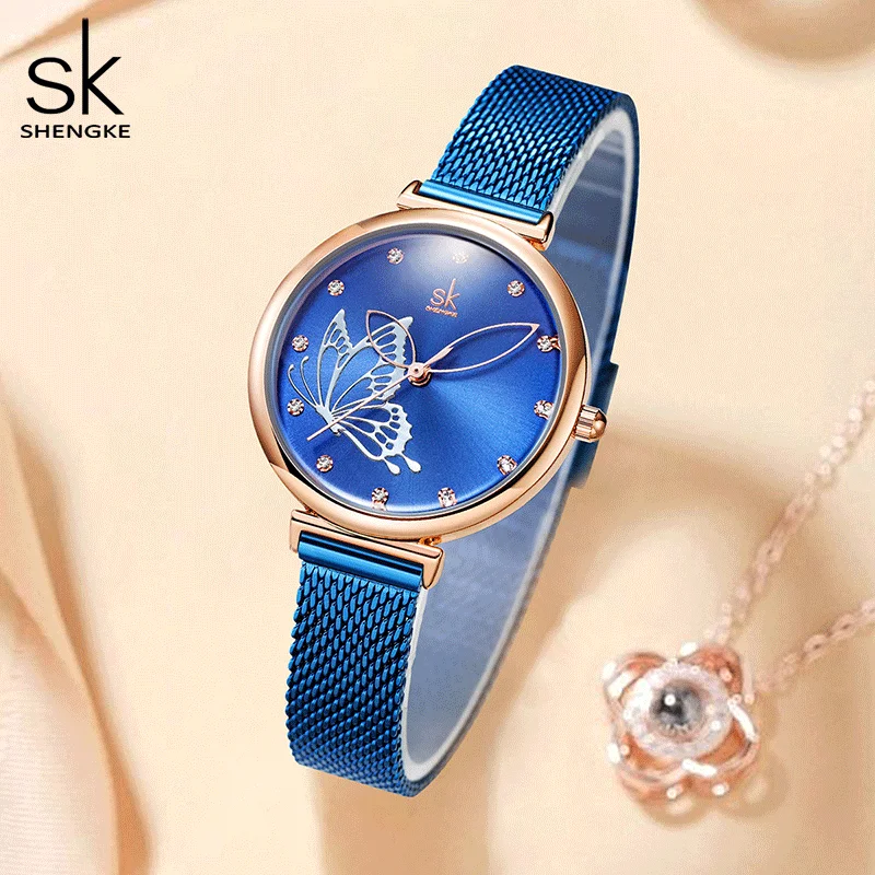 Shengke Top Luxury Quartz Wristwatch for Women Blue Stainless Steel Strap Fashion Casual Ladies Watches Best Gift Reloj de mujer