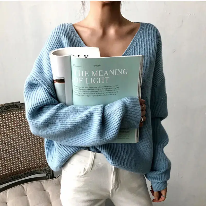 Autumn Winter Fashion  V-Neck Knitted Solid Women Sweater Elegant Tops Casual Loose Soft White Pullover Clothes Femme