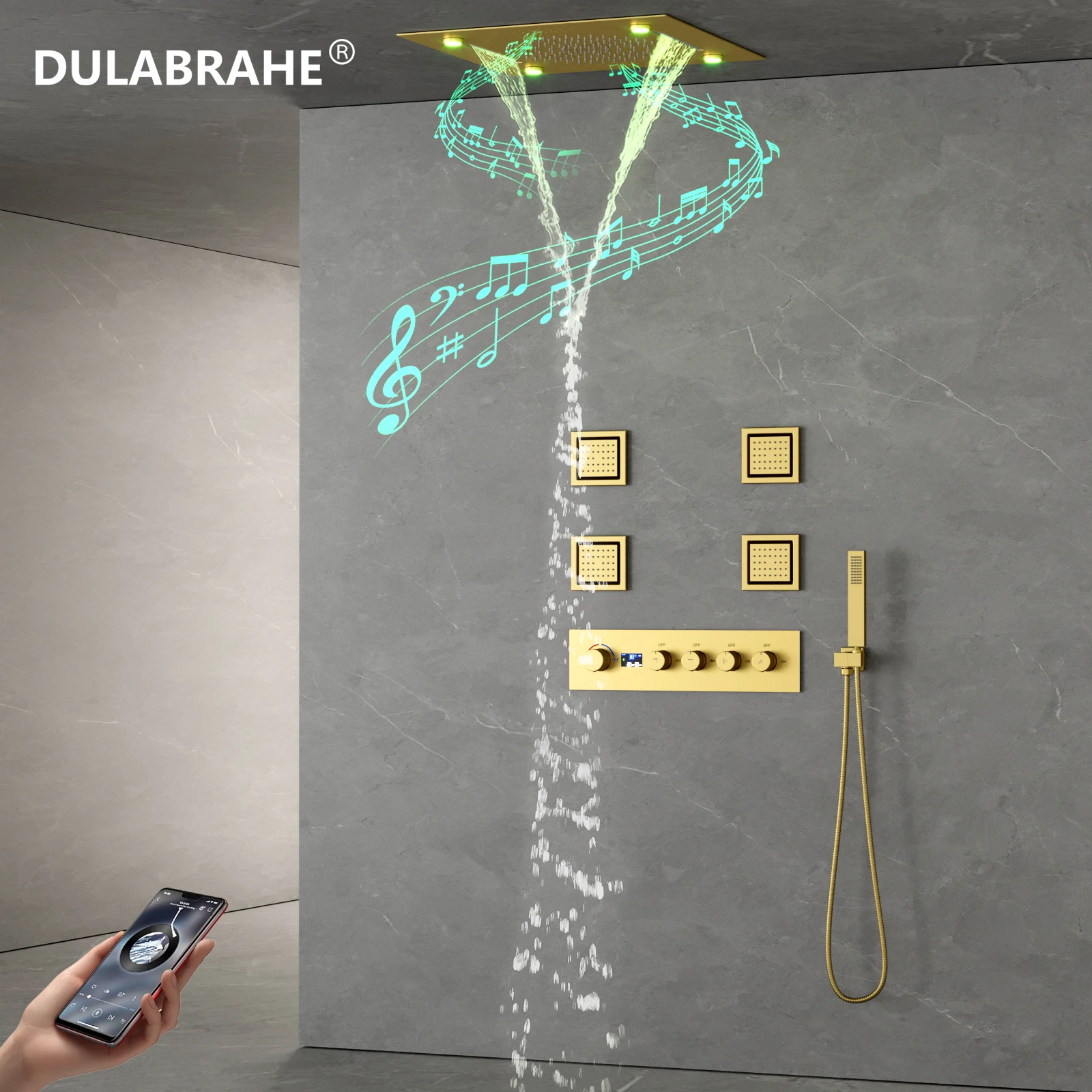 Hidden Shower System Brass 4 function rain shower set Bathroom led shower with music