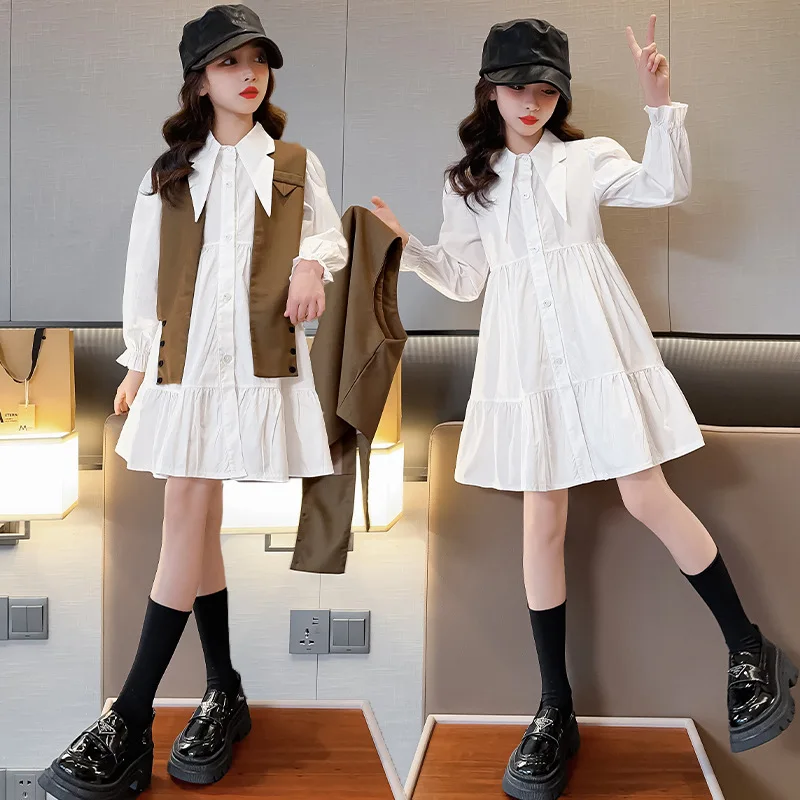 

2025 Korean Spring Autumn Children Girl 2pcs Teenager Girl Shirt Vest+One-piece Dress Long Sleeve Dress For Girls Kids 2pcs Suit