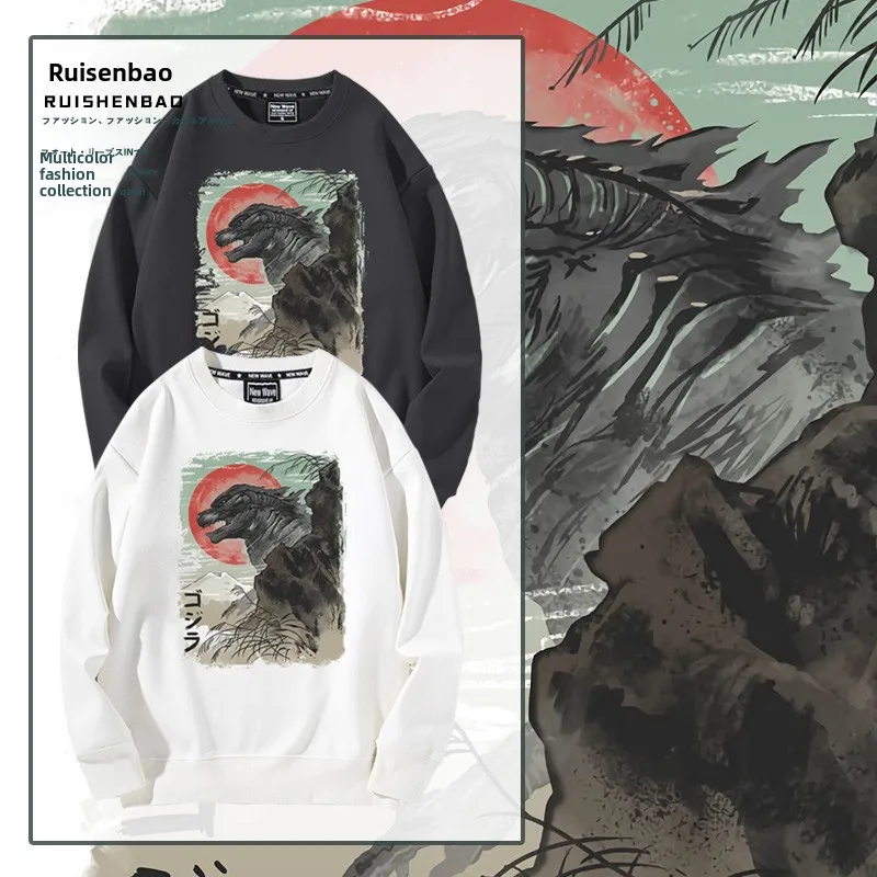 

Свободный свитшот с начесом и принтом в стиле японского укиё-э для мужчин, весна-осень-зима, повседневная одежда