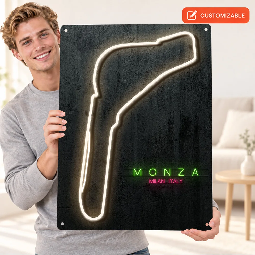 Monza Track Outline Aluminum Poster Customized Metal Sign Neon Effect Wall Art For Motorsport Lounge Collector Birthday Gift