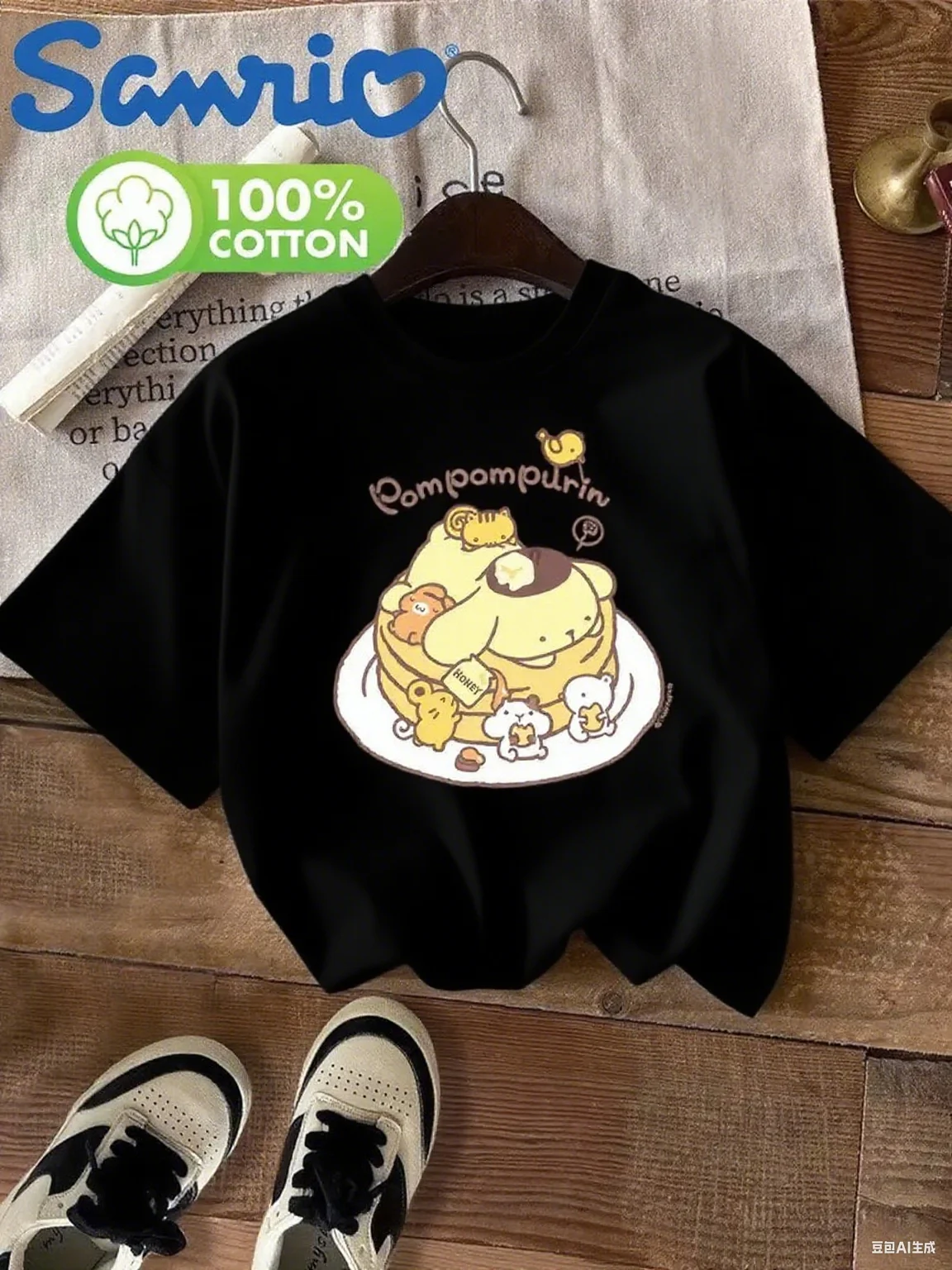 เสื้อยืดผ้าฝ้ายลายซานริโอ ปอมปอมปูรินแพนเค้กเลิฟปูรินพร้อมสัตว์ตัวเล็กพิมพ์ลายผ้าฝ้ายแท้ 100% เพื่อลุคหวานน่ารัก