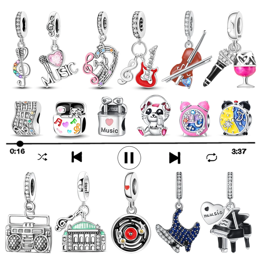 Music Series 925 Sterling Silver Player Musical Notes Piano Opera Headphones Alarm Clock Charm Fit DIY Bracelet Necklace Gift