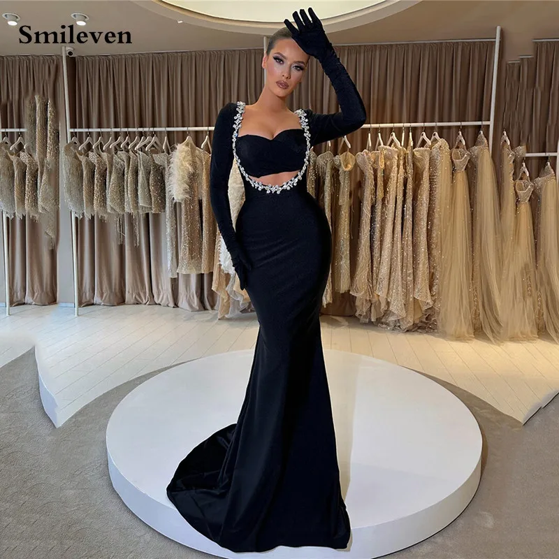 

Smileven Blacl Long Sleeve Evening Dresses2 Pieces Ceystal Prom Party Dress Sweetheart Neck Cocktail Gowns Plus Size Customized