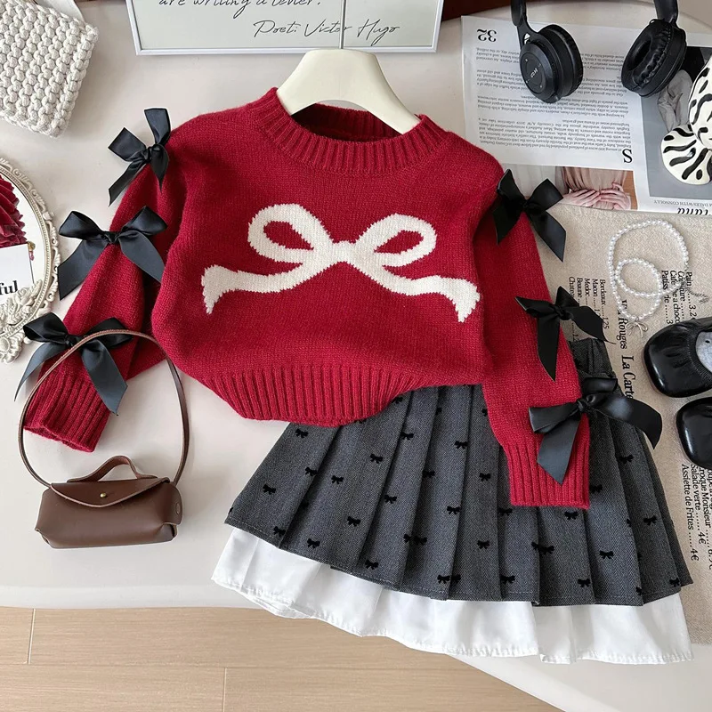 Girls Knitted Clothes Sets Spring Autumn Children Woolen Jersey Sweaters Tops Skirts Princess Dress Suit For Baby Outfits Kids 7