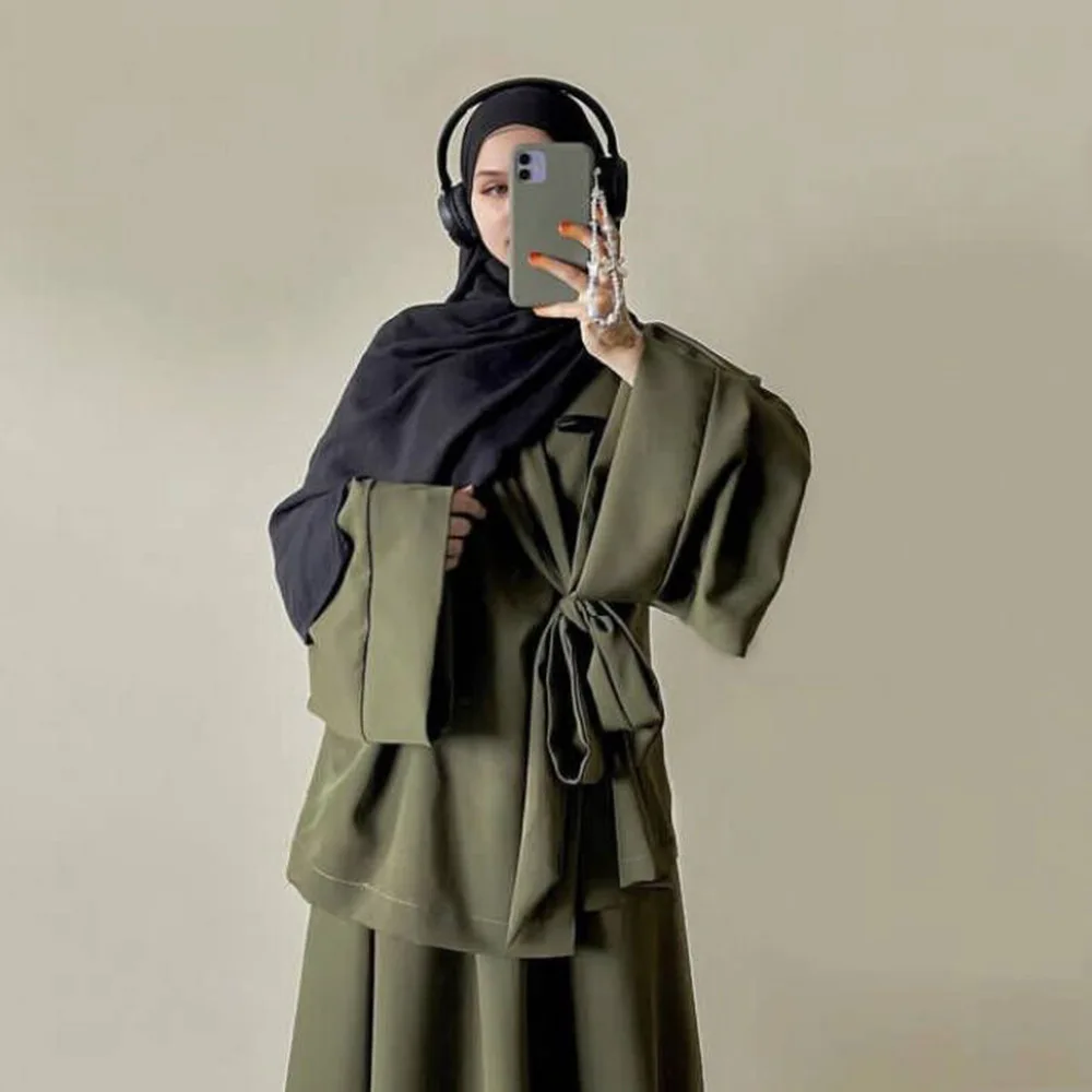 Set pakaian Kaftan Islam wanita, setelan baju Muslim dua potong, rok atasan bertali, pakaian sopan Abaya Turki Ramadan