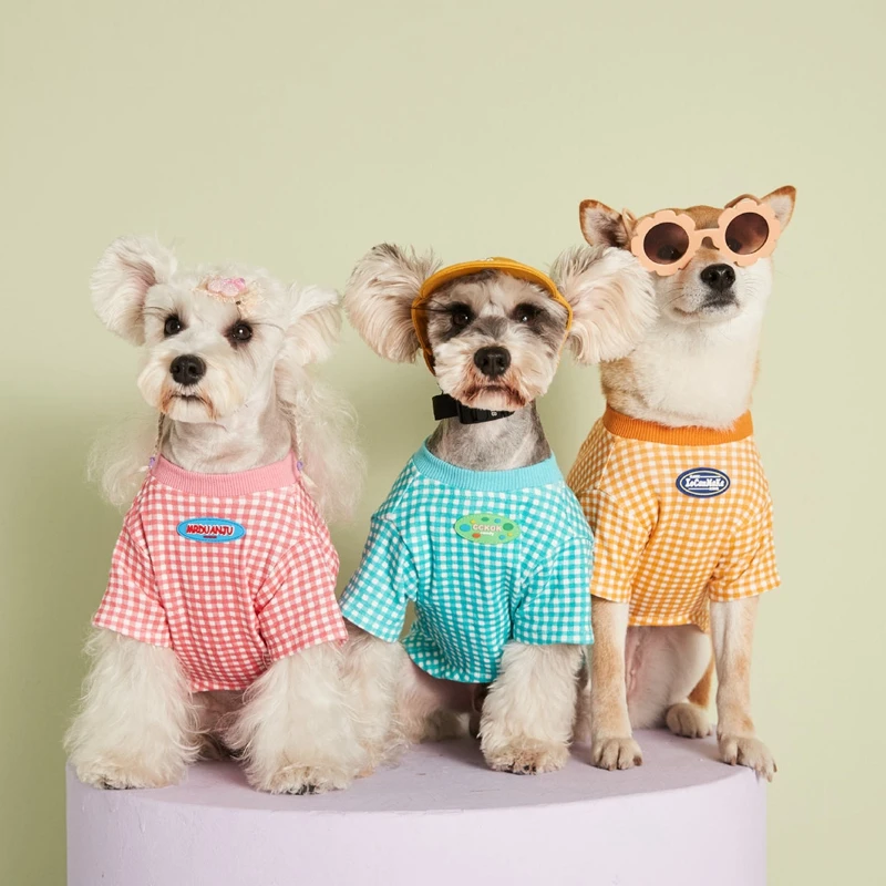 Pakaian kaos kotak-kotak anjing peliharaan pakaian Fashion anjing Super kecil lucu Chihuahua cetak musim semi musim panas Pink anak laki-laki perempuan