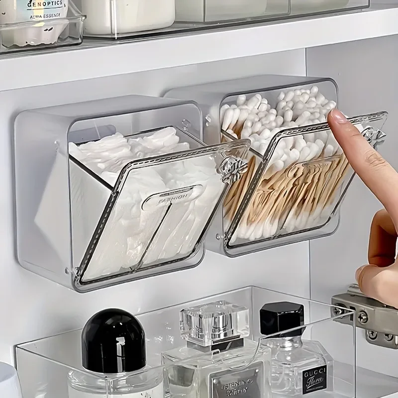 Paste Style Wall Mounted Storage Box Transparent Dust-proof Cotton Swab Box Cosmetics Storage Rack Bathroom Accessories
