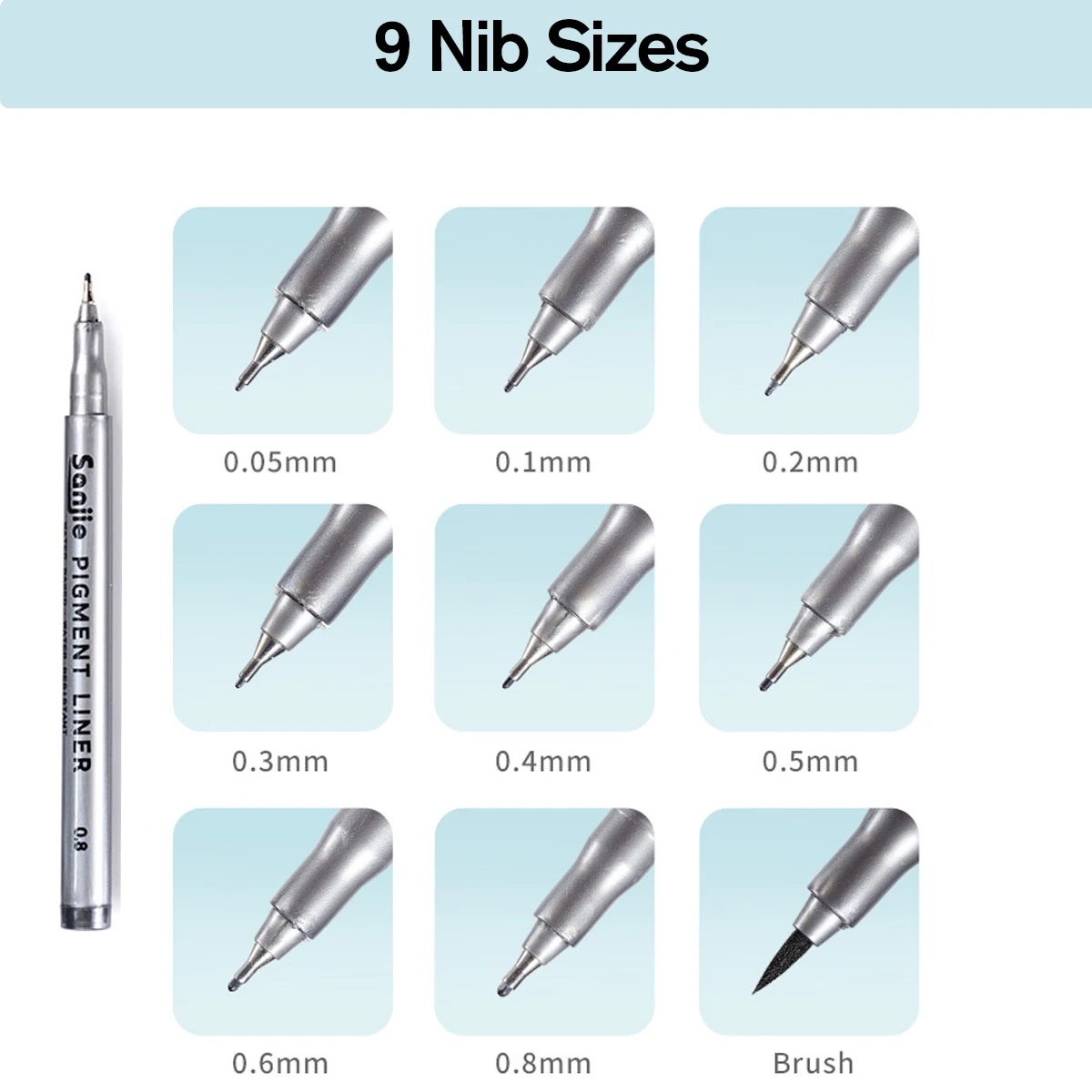 9-Piece Fine Line Waterproof Ink Pen Set, Various Tip Sizes, Ideal for Detailed Sketches, Journals, Outlines, Cartoon Animation