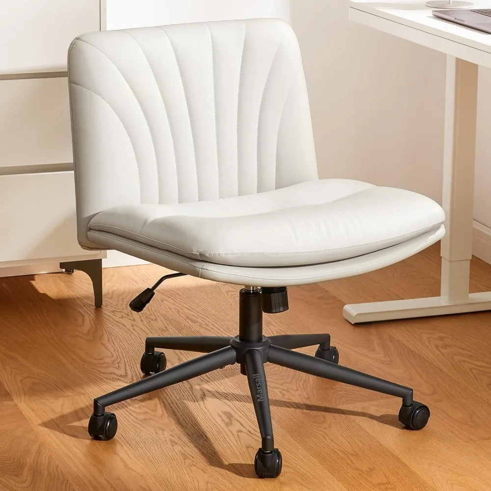 Silla de escritorio de oficina sin brazos con ruedas: silla ancha con patas cruzadas de cuero PU, cómoda tarea de computadora giratoria ajustable