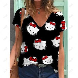 Retro Women's T-shirt Summer V-neck Short sleeved T-shirt Leisure Harajuku Hello Kitty Printed Women's Street Clothing Pullover