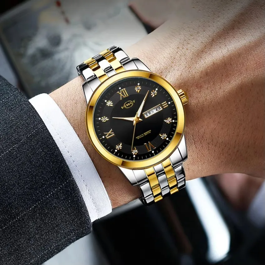 

Роскошные брендовые тонкие водонепроницаемые часы из нержавеющей стали, модные аналоговые часы с календарем недели, кварцевые деловые мужские наручные часы