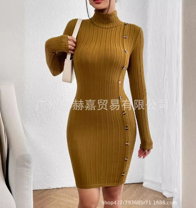 Temperament Long Sleeved High Necked Button Detail Slim Fit Wrap Buttocks Skirt Tight Fitting Sexy Fashionable Women's Dress