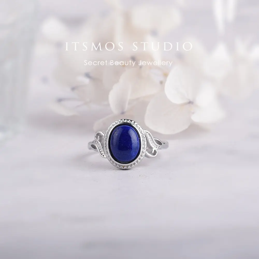 ITSMOS Natural Lapis Rings Silver Plated Copper Oval Stone Lapis Lazuli Band Rings Dainty Luxury Jewelry for Women Gift