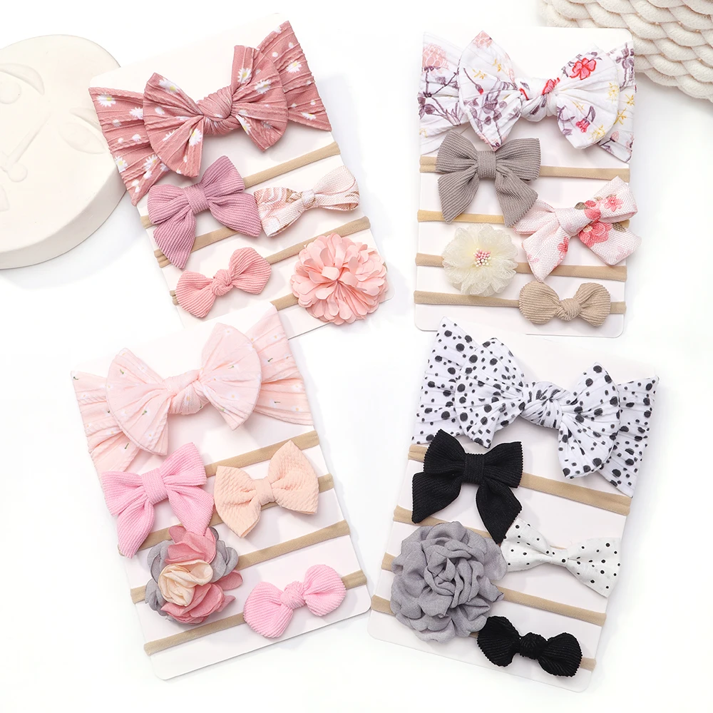 

5Pcs/Set Bow Flower Headbands for Girls Elastic Turban Kids Hair Bands Nylon Newborn Headwrap Children Baby Hair Accessories