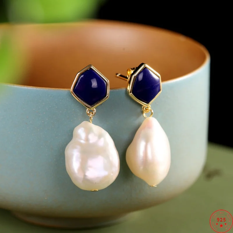 S925 Sterling Silver Studs Earrings for Women Gilded Edging Inlaid Lapis Lazuli Freshwater Pearl Ear-studs Jewelry Wholesale