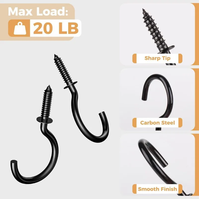 50 PCS of metal hooks, solid steel construction, durable, black screw hooks, 1-1/4 inches.