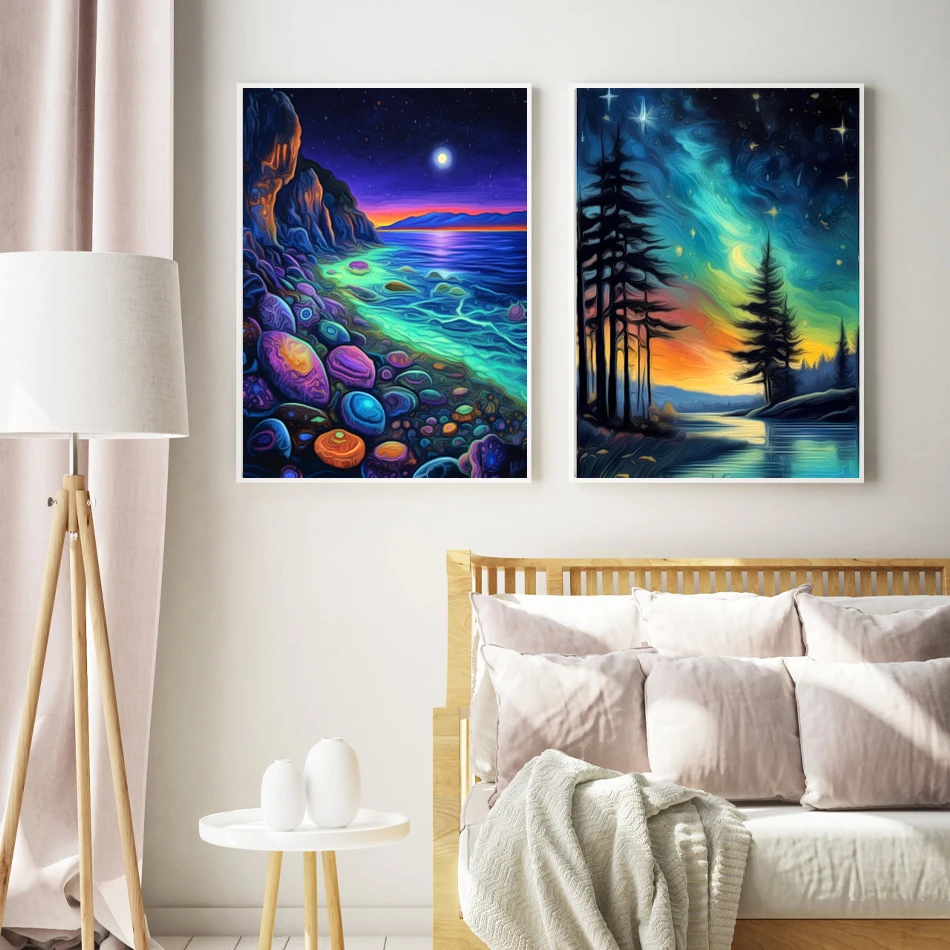 RUOPOTY-Diy Oil Painting By Numbers,Night Scenery Moon Forest,For Handiwork,Handicraft,With Frame,Wall Art Picture,Digital,Kits