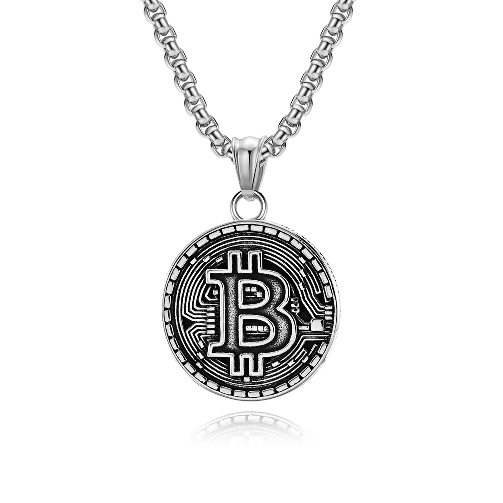 Round Coin Pendant Bitcoin Necklace for Men Vintage Jewelry Black Gold Plated Stainless Steel Chain Pendant Necklace