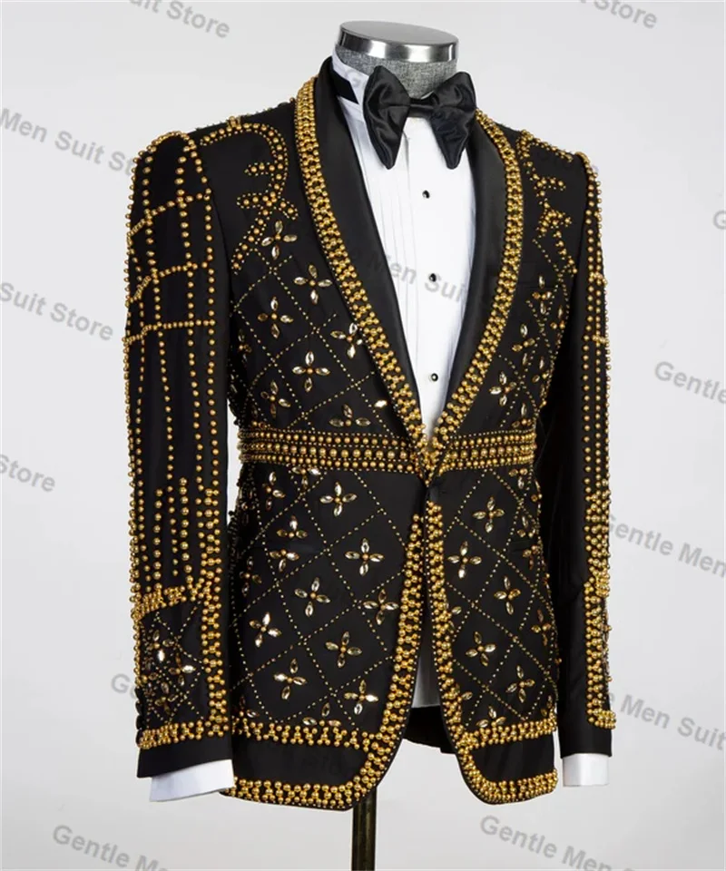 Goldene Kristalle Bräutigam Männer Anzüge Set 2 Stück Blazer Hose Hochzeit Smoking Mantel maßge schneiderte formelle Büro jacke Outfit Hose