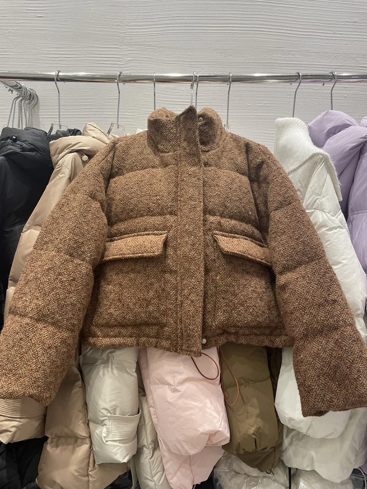 Winter Chic Stand Kraag Korte Parker Donsjack Vrouwelijke Grote Zak Rits Dikke Outwears Vrouwen Witte Eendendons Warme Bladerdeeg Jas