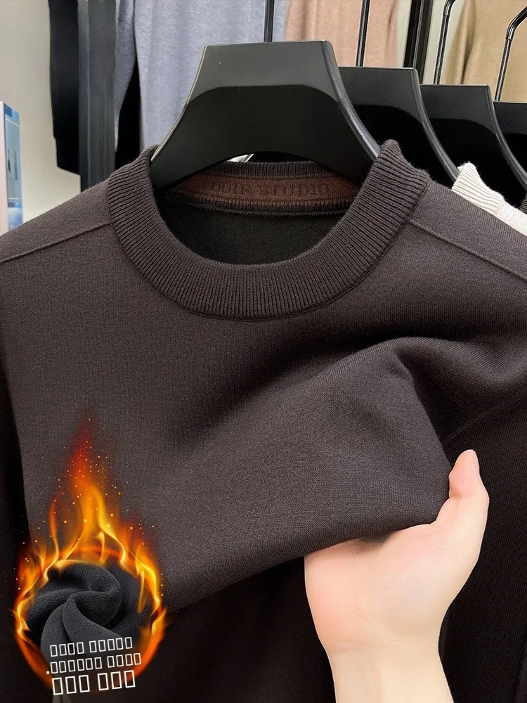 

Мужской утепленный вязаный свитер с круглым вырезом, модный, теплый, зимний, новый, кофейного цвета, базовая модель