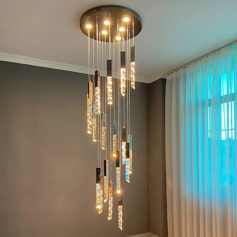 Modern Crystal LED Pendant Light Luxury Hanging Lamp for Living Room Stairs Bedroom Hotel Shop Customizable Chandelier Lighting