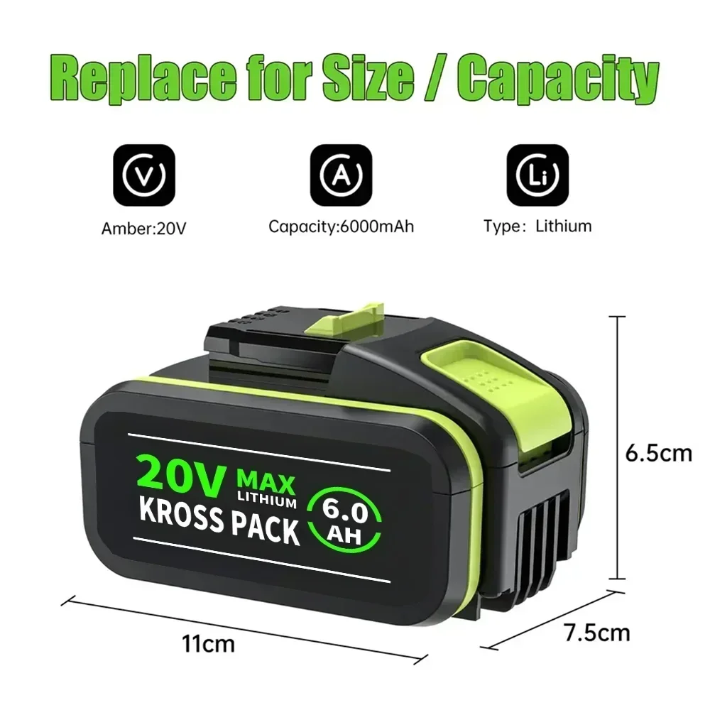 6.0/8.0Ah for WORX WA3553/WA3551 20V Battery Cordless Power Tool Battery WA3572 WA3553 WX390 WX176 WX178 WU268 Spare Batteriies