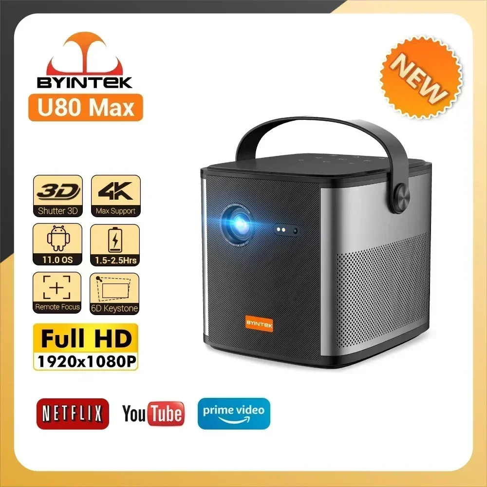 BYINTEK-U80 Max DLP Mini Projector, Full HD 1080P, 3D Support, Android 11.0, Smart WiFi, 15000Ah Battery, 500ANSI, Portable