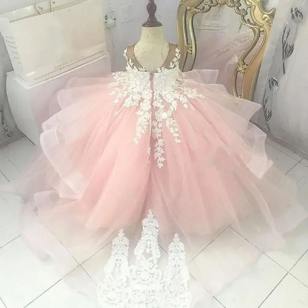 

Pink Tulle Flower Girls Dress Lace Appliques Pleated A-Line Floor Length Dresses Princess Birthday Party Ball Gowns Customized