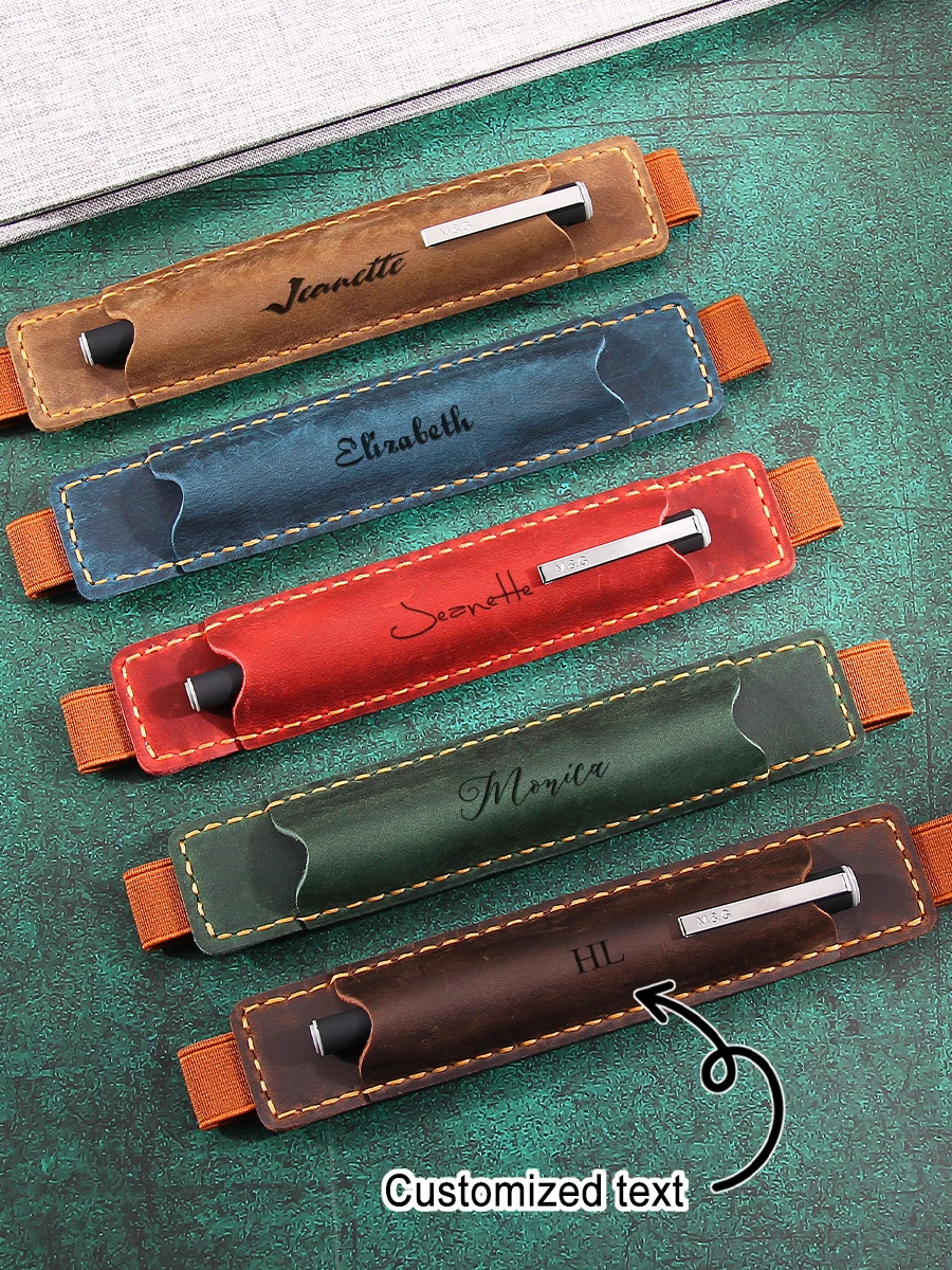 Handmade Genuine Leather Pen Holder with Engraved Name,Customized Quality Pen Sleeve for Storage Pencil Protective Sleeve Cover