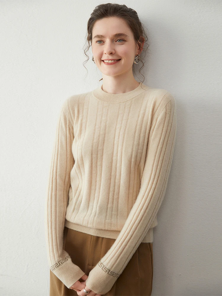 Elegant Sweater Women's 100% Cashmere Sweater Pullover Autumn Winter Clothing O-Neck Pullover Chic Warm Knit Cozy Bamboo Texture