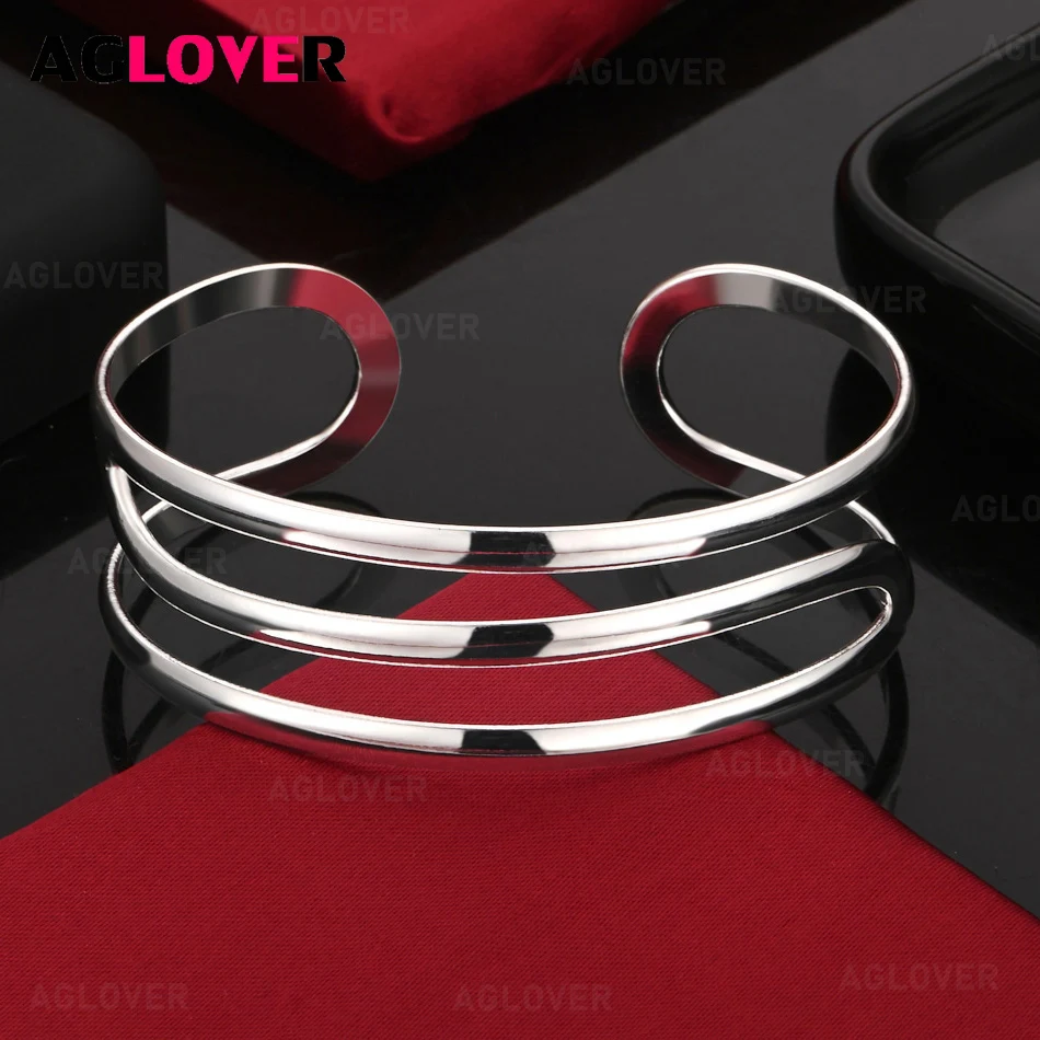 

AGLOVER 925 Sterling Silver Geometric Open Bracelet Women Fashion Charm Party Jewelry