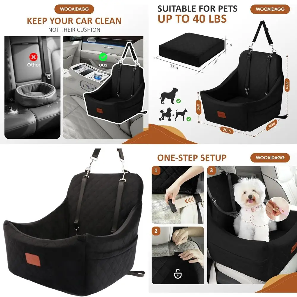 

Автокресло для собак среднего размера с каналами ремня безопасности, съемные и моющиеся, регулируемые ремни для легкой установки (черный)
