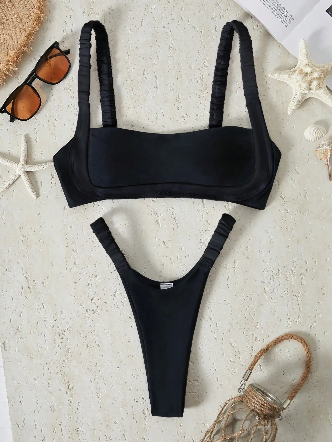 

Solid Black Ruched Strap Bikini Set For Women Beach Vacation