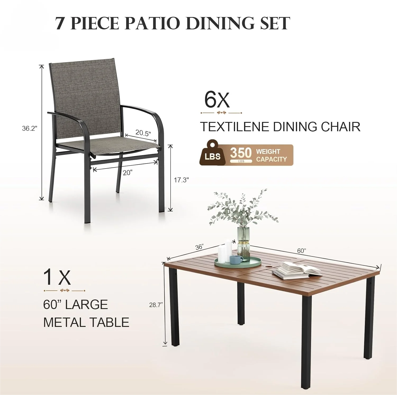 Outdoor Metal Table w/ Umbrella Hole,6 Textilene Dining Chairs w/ Armrest,All Weather Patio Table & Chairs for Lawn Garden Porch