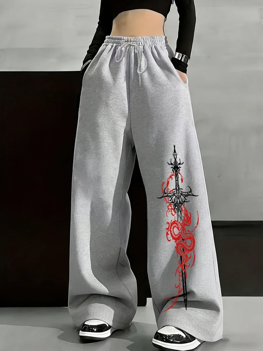 Women'S Casual Wide-Leg Pants - Single Red Dragon Coiled with Thorns And Long Sword Contrast Print, Soft Drapey Stretch Fabric