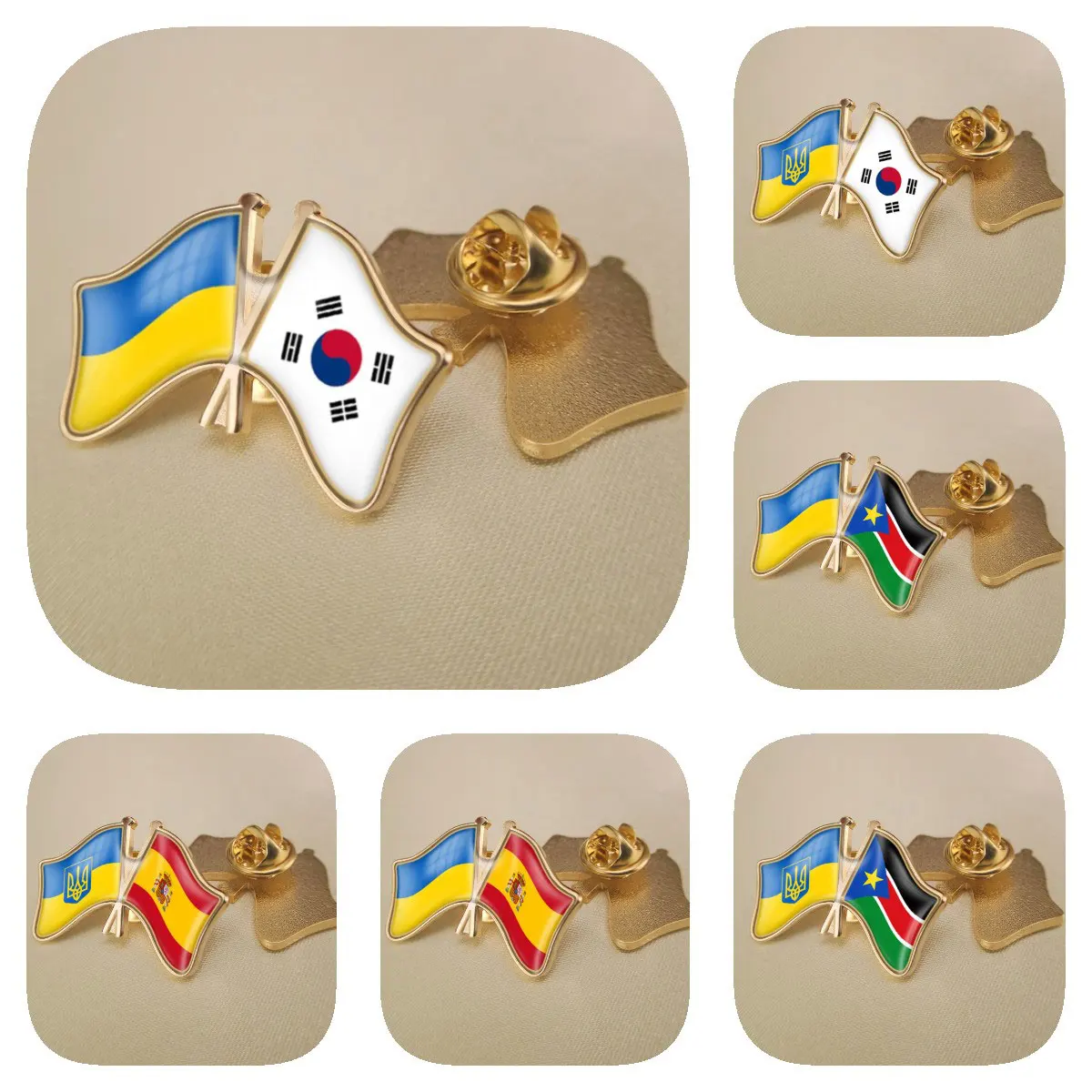 Ukraine and Solomon Islands Somalia South Africa Double Crossed Friendship Flags Brooches Lapel Pins Bradges