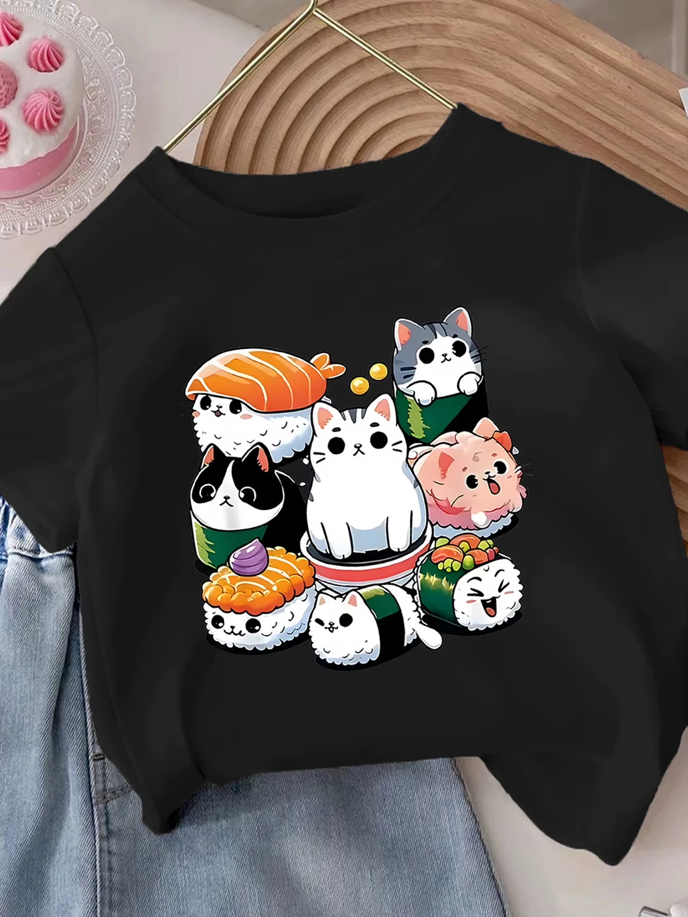 Adorable Cat Sushi Cartoon Print Kid T-Shirt Soft Round Neck with Fun Food Design for Summer harajuku oversized t shirt